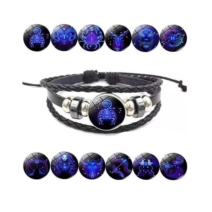 Pulsera Ajustable de Cuero Negro con Guardián de la Constelación del Zodiaco