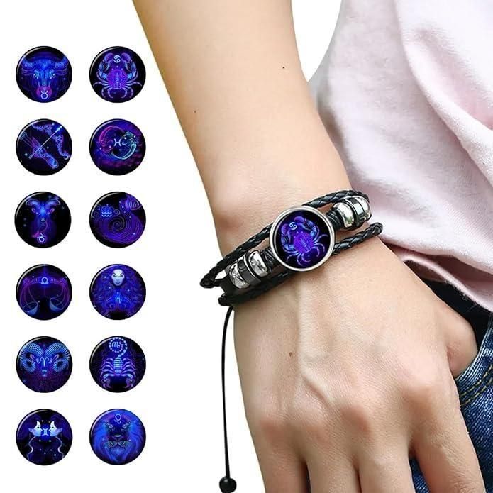 Pulsera Ajustable de Cuero Negro con Guardián de la Constelación del Zodiaco