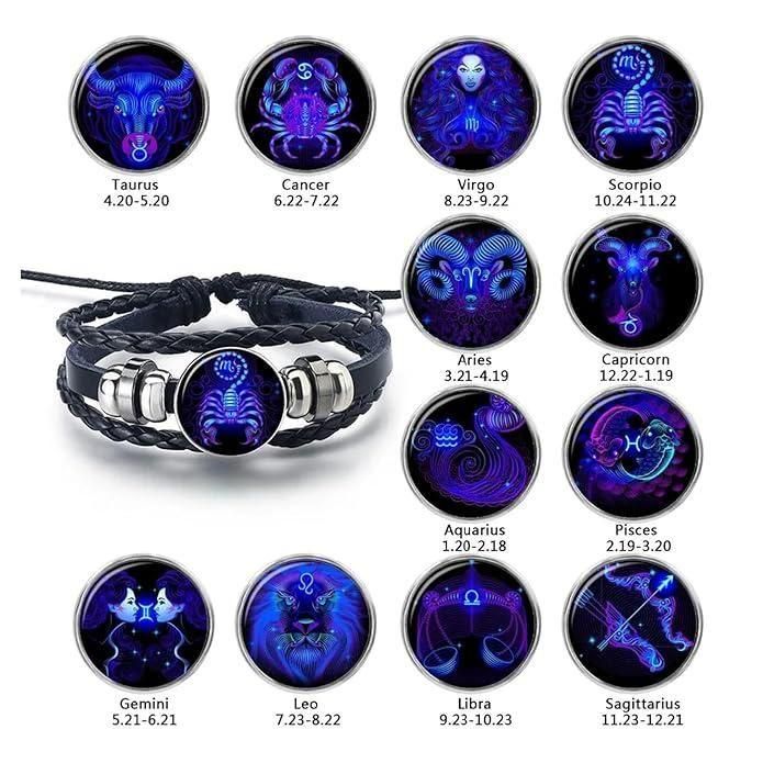 Pulsera Ajustable de Cuero Negro con Guardián de la Constelación del Zodiaco