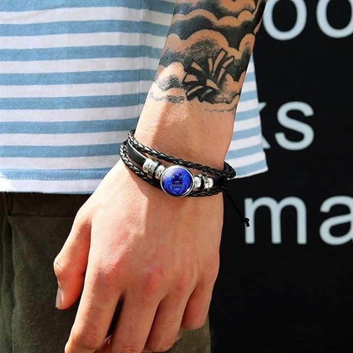 Pulsera Ajustable de Cuero Negro con Guardián de la Constelación del Zodiaco