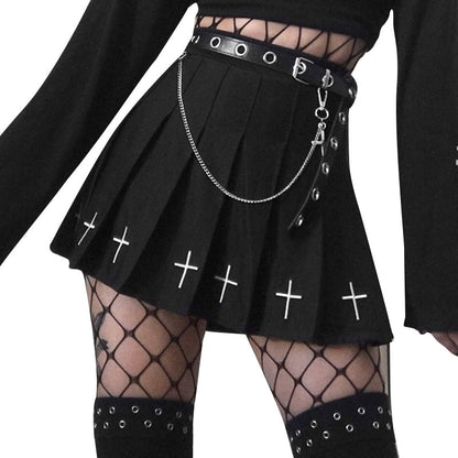 Hot High Waist Mini Black Skirts Streetwear Cross Print Pleated Women Skirt